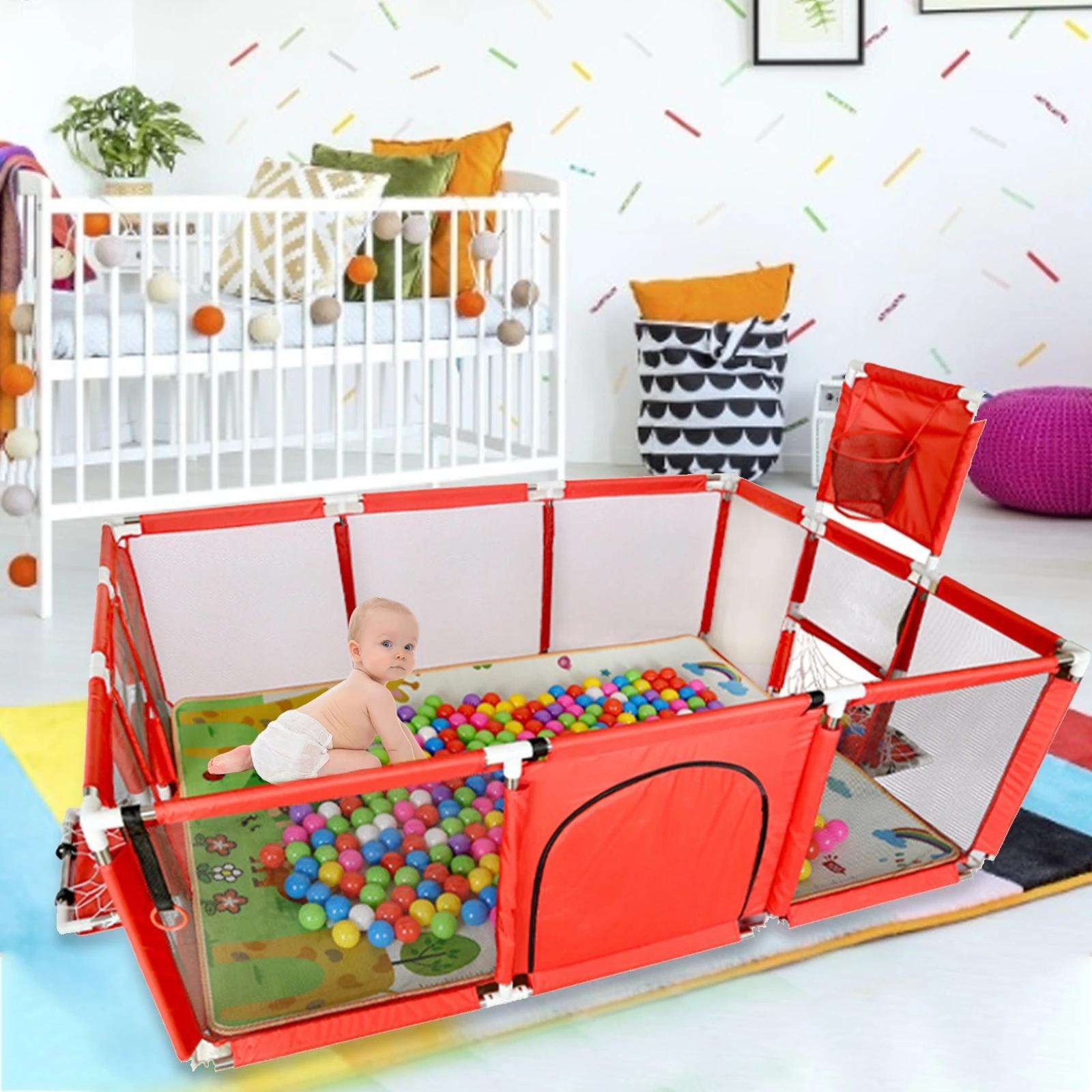 H81cc3defdc134f1b8d36c74d9de32e61X Portable Large Infant Playpen Toddler Safety Fence with Gate for Living Room Mall Made of Plastic Metal - Image 1