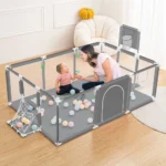 Baby Playpen Kids Safety Round Zipper Door Infant Activity Center Portable Grey - Image 3