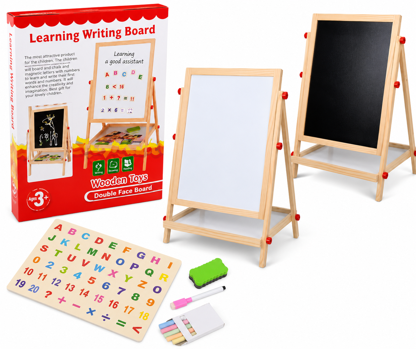 c9370e45-0732-4de4-9630-66cd47081489 Kids 2 in 1 Wooden Writing Board Easel Black Board & Magnetic White Board Double Sided REVOLVING Easel Board (100cm) - Image 1