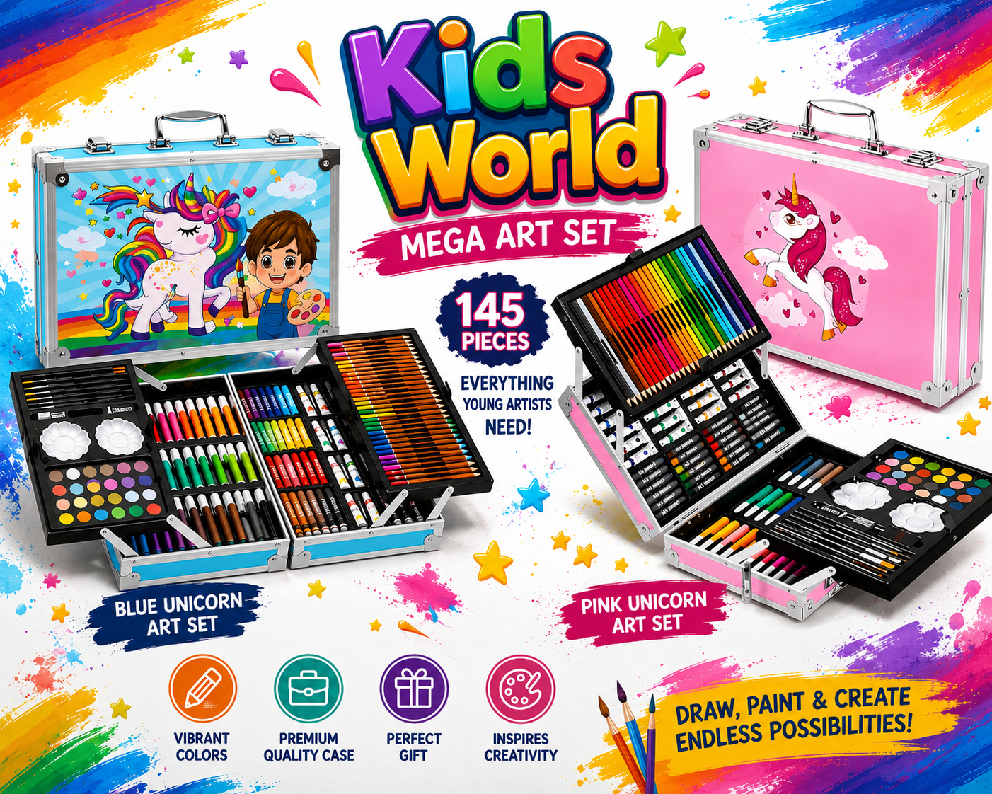 56f7061a-c331-4076-b5e3-ccd7b826d9bf Unicorn Color Box145 Pieces Complete Art Set - Image 1