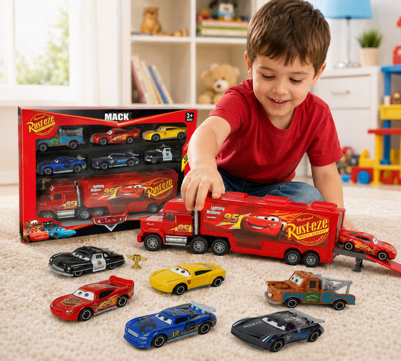 9cd9ed28-eb1d-4969-afb3-e9de02ea56fb Cars Mack Transport Truck & Racing Car Play Set - Image 1