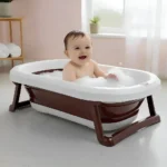 StarAndDaisy Luxe Baby Bath Tub, Foldable Infant Bathtub and Anti-Slip Support, Quick Drain System – Brown - Image 3